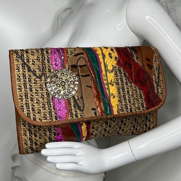 Carlos Falchi Woven Leather and Hemp and Exotic Patchwork of Skins Clutch Bag - Picture 1 of 16
